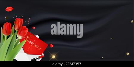 Realistische Glückwunschkarte 3D mit roten Tulpenblüten auf schwarzem Seidenhintergrund. Vektorgrafik EPS10 Stock Vektor