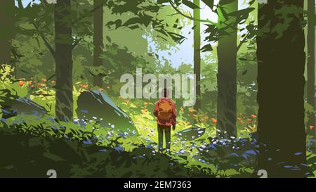 Junge Mann Abenteuer im tiefen Wald, Vektor-Illustration Stock Vektor