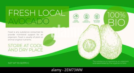 Frische lokale Obst und Gemüse Label Template. Abstract Vector Packaging Horizontal Design Layout. Modernes Typografie-Banner mit handgezeichneter Avocado Stock Vektor