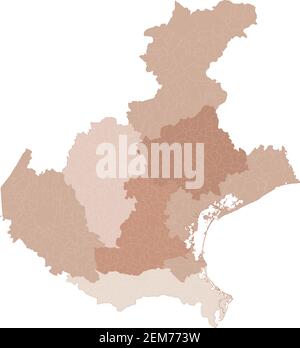 Karte Venetiens, Aufteilung nach Provinzen und Gemeinden. Geschlossene und perfekt bearbeitbare Polygone, Polygonfüllungen und Farbpfade können nach dem Willen bearbeitet werden. Ebenen Stock Vektor
