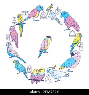 Papageien rundes Konzept Banner im Linienstil. Tropische Vögel und Accessoires Symbole Poster Vorlage. Vektorgrafik. Stock Vektor