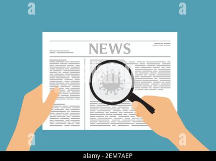 Flaches Design Illustration eines Mannes oder einer Frau Hand hält eine Zeitung mit einem Artikel über covid-19 und eine Pandemie. Lupe und Virusbild - vecto Stock Vektor