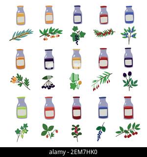 Set mit handgezeichneten Doodle Zweige von Beeren und Saftflaschen. Stock Vektor