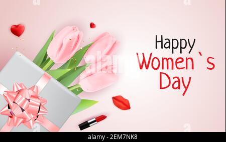 Pink Happy Womens Day Urlaub Gratulation Hintergrund mit Tulpen. Vektorgrafik Stock Vektor