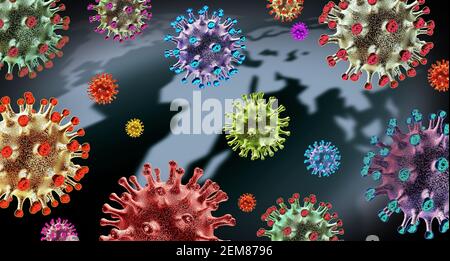 Global Virus Variante und mutierende Zellen Konzept oder neue Coronavirus b,1.1,7 Varianten Ausbruch und covid-19 virale Zellmutation als Influenza. Stockfoto