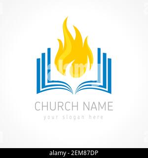 Bildungsvektor-Logo. Feuriges flammendes Buchlogo. Offene Seiten mit Flammen. Lernen, Lehren oder religiöse Pfingsten Branding Identität. Wissen i Stock Vektor
