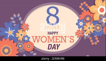 Grußkarte von GLÜCKLICHEN FRAUEN S DAY. Text in einem gelben Oval, umgeben von Blumen auf einem violetten Hintergrund. Vektorbild Stock Vektor
