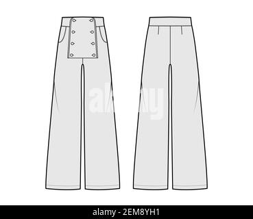 Set von Hosen Sailor technische Mode Illustration mit niedriger Taille, Bund, volle Länge, Taschen, Frontknöpfe. Flache Hose unten Bekleidungsvorlage hinten, grau Farbe. Frauen, Männer, Unisex CAD Mockup Stock Vektor