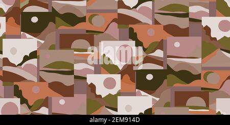 Nahtloses Muster minimalistischer Landschaft. Moderne Grafik aus der Mitte des Jahrhunderts. 70s funkige Retro-Grafik. Reise- und Tourismuskonzept. Toll für Design-Wanddekor Stock Vektor