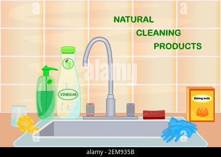 Küchenspüle mit natürlichen Reinigungsprodukten.Essig, Zitrone, Backpulver.Wasserhahn, Spülmittel, Seife, Handschuhe.Fliesenwand, Waschbecken und Wasserhahn.Null Abfall.Vektor Stock Vektor