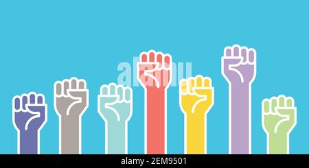 Fäuste Hände nach oben Vektordarstellung. Konzept der Einheit, Revolution, Kampf, Zusammenarbeit. Flaches Design. Stock Vektor