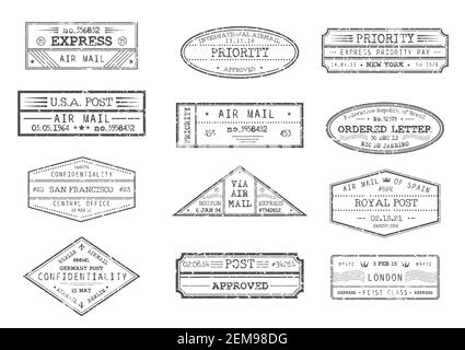 Flugpost-Briefmarken und Postamt mit Stadt und Datum, Vektor-Icons. Express-Lieferung, bestellte Brief und Priorität vertrauliche Briefmarken von New Yo Stock Vektor