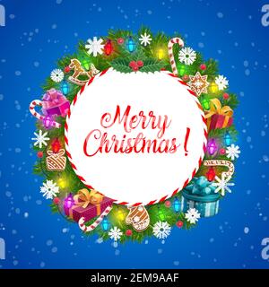 Weihnachtskranz von Vektor-Geschenke, Weihnachtsbaum und Schneeflocken, Kiefer und Stechenzweige mit Geschenk-Boxen, Schleifen und Süßigkeiten Stöcke, Schnee, Lebkuchen Stock Vektor