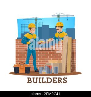 Maurer Baumeister, Vektor-Bauindustrie Arbeiter. Mason Comic-Figuren Mauerwerk auf Baustelle mit Kellen, Zementmörtel, zu Stock Vektor