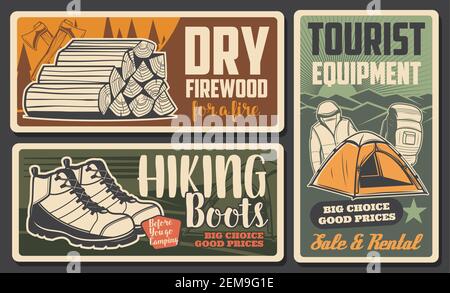 Wandern und Bergsteigen Tourismus, Camping-Ausrüstung Shop, Vintage-Plakate. Outdoor Camp Reiseartikel, Camping Stiefel und Zelt, Feuer trockenes Holz, Wandern ein Stock Vektor