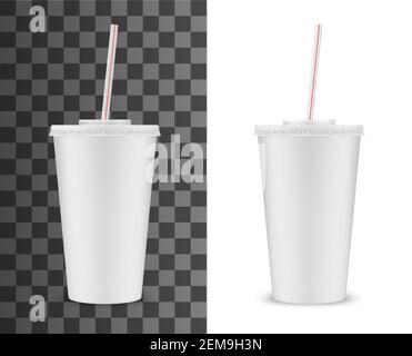 Soda trinken Plastikbecher mit gestreiften Trinkhalm, Vektor realistische 3D weiße Einweg-Paket mockup. Soda, Saft oder Eistee Fastfood Softdrinks a Stock Vektor