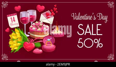 Valentinstag Urlaub saisonalen Verkauf, Geschenke Shop Promo Rabatt Banner. Vector 50 Prozent Verkauf Poster mit Valentine Herzen, Ehering und Kuchen, tu Stock Vektor
