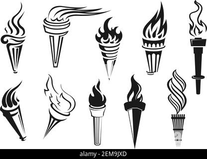 Fackel, Vektor-Symbole der Sportpokal und Meisterschaft Sieg Symbol. Feuerbrenner mit brennender Flamme Licht mit modernen und alten Griff, Führung Stock Vektor