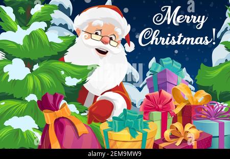 Weihnachtsmann mit Weihnachtsbaum und Weihnachtsgeschenke Vektor Grußkarte. Claus mit rotem Hut und Tasche, Geschenkschachteln, Schleifen und Schneeflocken, Kiefer oder Tanne Stock Vektor