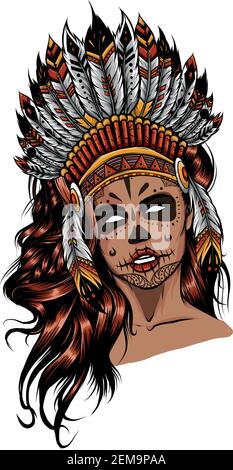Schönes Mädchen in einem Kopfschmuck der nordamerikanischen Indianer. Stock Vektor