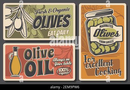 Oliven Retro Poster mit Vektor-Olivenöl Flasche und Glas marinierten Früchten, Ästen und grünen Blättern. Mediterrane Küche Kochen Zutaten Stock Vektor