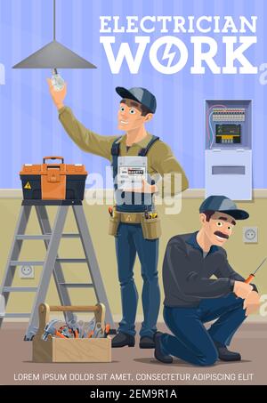 Elektriker Home Service, Vektor-Poster, Haus elektrische Werke. Stromzähler Reparatur und Installation, Elektriker Arbeiter mit Werkzeugen, Voltmeter Stock Vektor