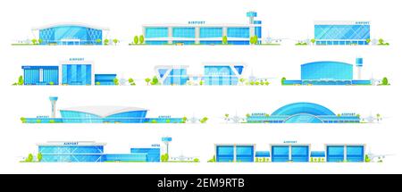 Flughafengebäude, Vektorsymbole. Internationaler Flughafen und Hotel, Terminals mit Flugsicherungsturm, Flugzeug- und Passagiertore, Mod Stock Vektor