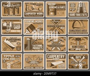 Arbeit und DIY-Werkzeuge Retro-Poster. Bau, Hausreparatur, Umbau und Renovierung Vektor-Werkzeuge, Malerei Pinsel und Schlosser Schraubstock, Holzbearbeitung dr Stock Vektor