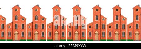 Abbildung von fantastischen Backsteinhäusern mit Kachelhäusern im europäischen Stil, die in einer Reihe angeordnet sind. Isoliertes nahtloses Muster auf weißem Hintergrund. 3D Rendern. Stockfoto
