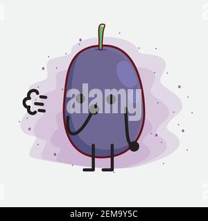 Vektor-Illustration von Java Pflaumenfrucht Charakter mit niedlichen Gesicht, einfache Hände und Bein Linie Kunst auf isolierten Hintergrund. Flache Cartoon Doodle Stil. Stock Vektor