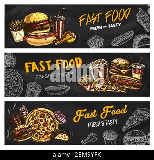 Fastfood Burger und Sandwiches Menü, Vektor Skizze Banner. Fastdood Restaurant und foodcourt Bistro-Menü Pizza, Cheeseburger und Hot Dog, Huhn l Stock Vektor