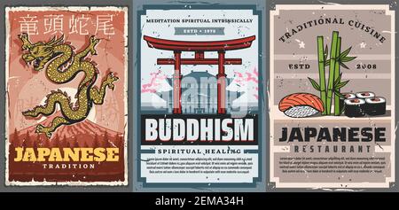 Japan Reisen, japanische Kultur Traditionen und Religion, Vintage-Vektor-Plakate. Buddhismus Tempel und Pagoden, spirituelle Meditation und intrinsisch, Stock Vektor