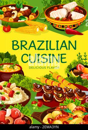 Brasilianische Küche Essen, Vektor-Menü-Gerichte, traditionelle brasilianische Restaurant Mittag-, Abendessen und Frühstück. Authentisches brasilianisches Churrasco Fleisch, Fisch Bacalh Stock Vektor