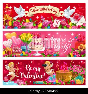 Valentinstag Urlaub roten Herzen und Cartoon-Cupids, Liebe Symbole. Vektorbanner mit Text. Blumensträuße und weiße Tauben, Geschenke, Kuchen und Cauldro Stock Vektor