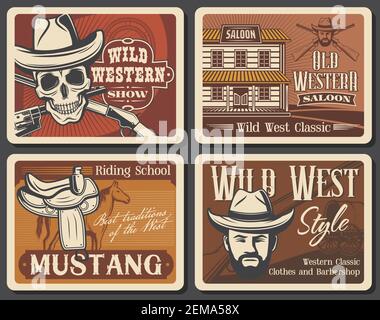 Wild West Vektor Vintage Poster, American Western Pferdeshow und Texas Saloon. Wild West Friseur Shop Salon Schilder, Reitschule und Schädel in Ban Stock Vektor