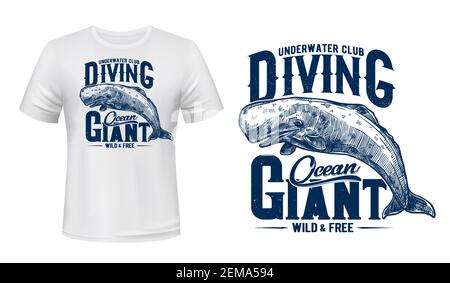 Whale Cachalot Tier T-Shirt Druck Mockup Vorlage. Ocean Unterwasser Tauchclub Emblem Vektor Skizze Design. Sportclub Schild mit Wild Stock Vektor