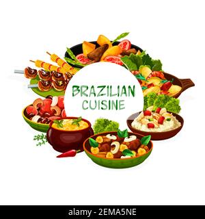 Brasilianische Küche Essen Menü Gerichte, Vektor traditionelle Gerichte. Brasilianische Küche Restaurant Menü Feijoada Bohnen, Churrasco Fleisch und Fisch Bacalhau, moqu Stock Vektor