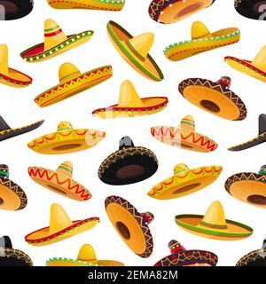 Sombrero Hüte nahtlose Muster. Vektor Hintergrund der mexikanischen Fiesta Party und Cinco de Mayo Urlaub mit Mariachi-Musiker Sombrero Hüte mit breiten bri Stock Vektor