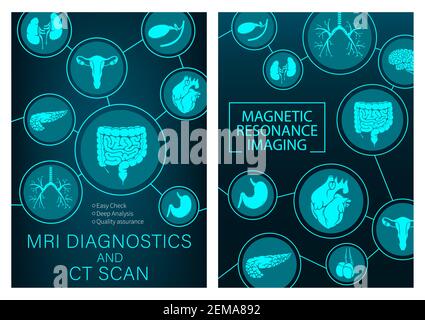 MRT-Forschung von Organen Medizin. Vektor-Magnetresonanztomographie medizinische Diagnose. Healthcare Klinik Radiologie, MRT-Analyse, Diagnostik von diges Stock Vektor