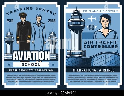 Flugschule, Flugzeugpiloten und Flugbegleiter Ausbildung, Vektor-Vintage-Plakate. Flughafenabfertigungsdienst und Fluglotse, Stock Vektor