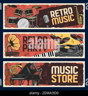 Retro Musikinstrumente Speicher, Vektor Retro Vintage Banner. Jazz-Musik-Festival und Live-Musik-Party mit Schallplatten Grammophon, klassisches Klavier A Stock Vektor