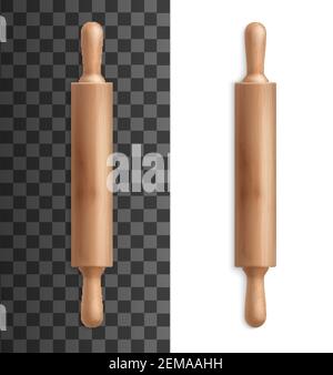 Nudelholz oder Teigwalze realistische Vektor Mockup von Backwaren und Backutensilien. Holz-Nudelholz mit auf Transpare isolierten Griffen Stock Vektor
