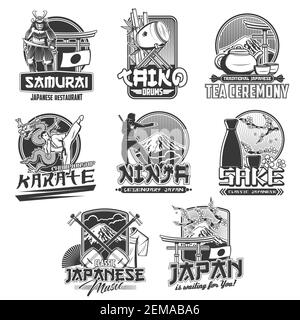 Japan Vektor-Ikonen der japanischen Reise und des Tourismus. Isolierter Fuji Berg, Bonsai, Flagge, Tee Zeremonie Set, Papier Spaß, Sake, Drache und Kimono, torii g Stock Vektor