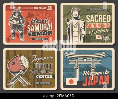 Japanische Kultur und Traditionen, Japan Reise Wahrzeichen, Vektor-Vintage-Plakate. Samurai Rüstung und Museum, japanische Musikinstrumente Ausstellungen Muse Stock Vektor