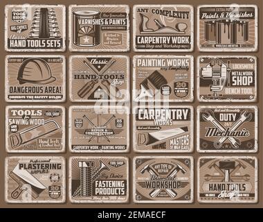 Arbeitswerkzeug und Ausrüstung retro Plakate von Vektor-Bauindustrie, Hausreparatur, DIY, Zimmerei, Renovierung und Malerei Service. Schraubendreher, ha Stock Vektor