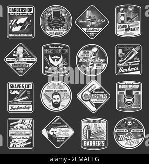 Barbershop und Friseursalon Ikonen mit Vektor-Friseur Shop Stange, Friseur Rasiermesser, Schere, Stuhl und Bürste. Hipster Mann mit Bart, Pflege Rasur Stock Vektor