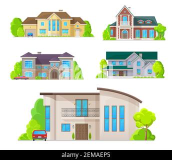 Häuser, Wohngebäude Architektur, Immobilien Immobilien Ferienhäuser und Wohnungen, Vektor-Wohnung Symbole. Moderne Wohnvillen und Herrenhäuser, Stock Vektor
