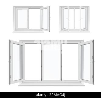 Fenster mit offenen Gehäusen, vektorweißen Kunststoffrahmen, Schweller und Glasscheiben, Architektur und Innenarchitektur. Realistische 3D Fenster mit PVC, ME Stock Vektor