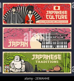 Willkommen in Japan, Vektor-Vintage-Banner, japanische Kultur, Traditionen, Essen und berühmte Wahrzeichen. Geisha und Samurai in traditionellem Kimono, Sakura ch Stock Vektor