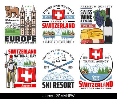 Schweiz Vektor-Ikonen der Schweizer Reisen und Tourismus. Alpen Berge, Ski und Flagge, Käse, Wein und Wurst, tragen Symbol von Bern, Kirche und Alpen Stock Vektor